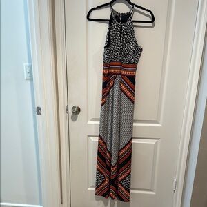 Roz & Ali Orange Black Halter Sundress Maxi